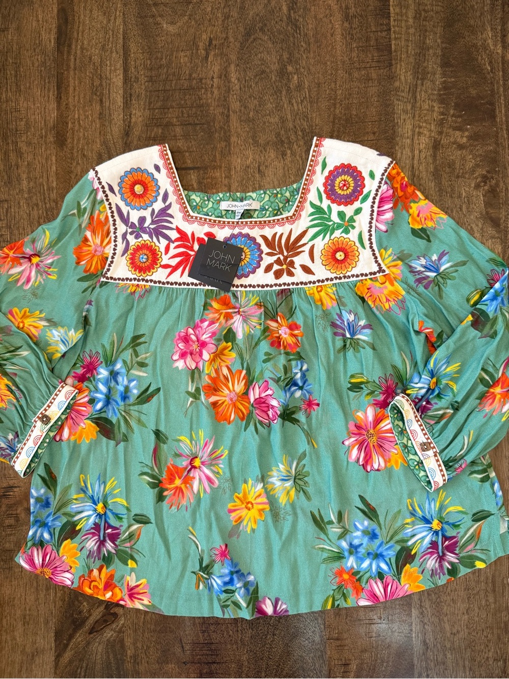 John Mark Seafoam Green Floral Embroidered Square-Neck Tunic Top